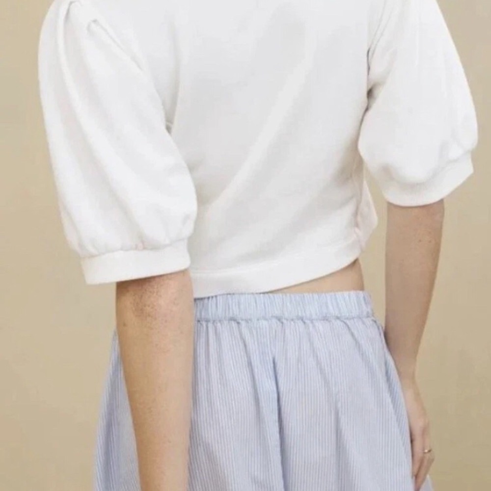 aerie White Cropped Scoop-Neck Top with Short Puff Sleeves
